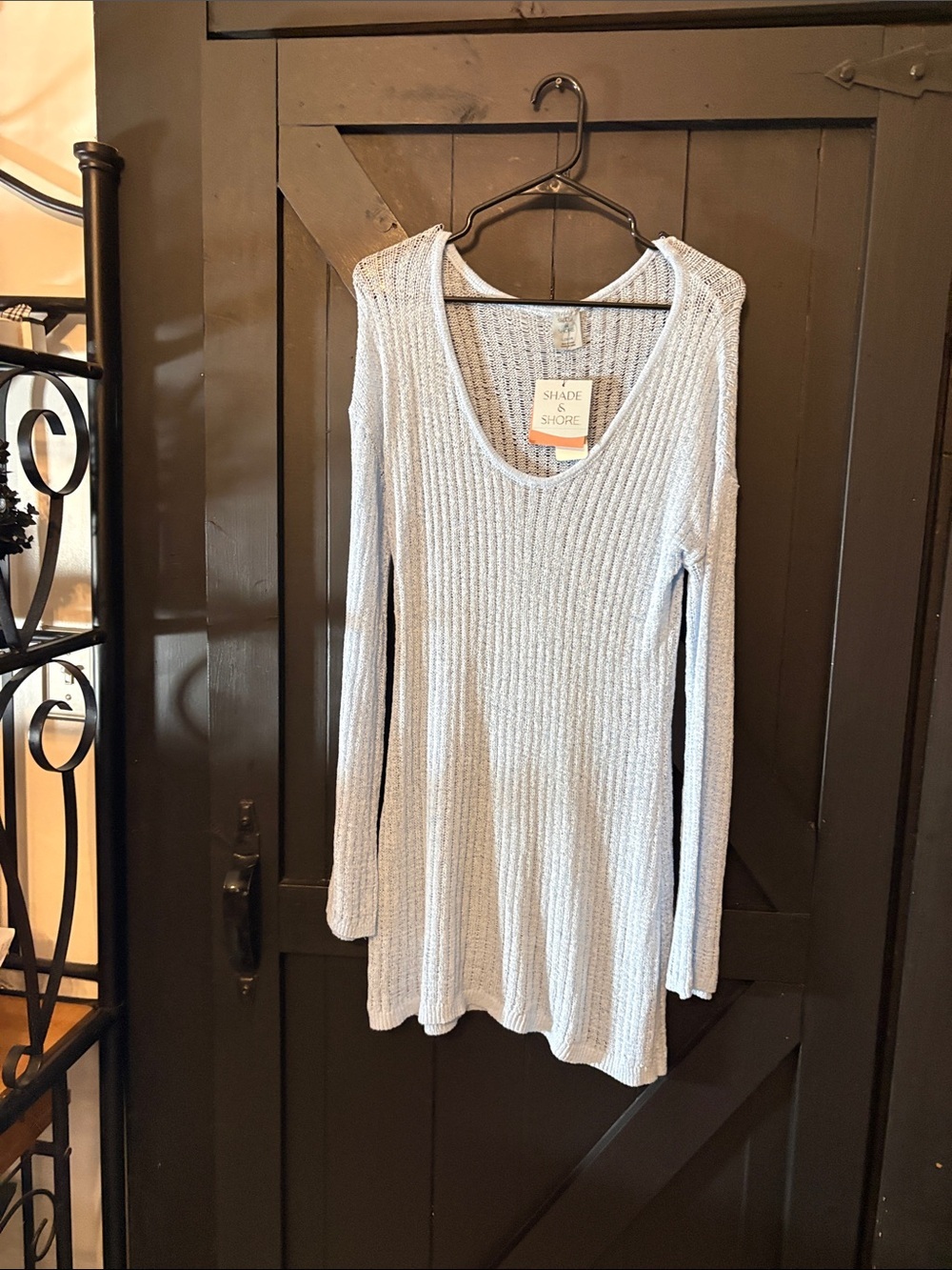 Shade & Shore Pale Blue Ribbed Scoop Neck Long Sleeve Top